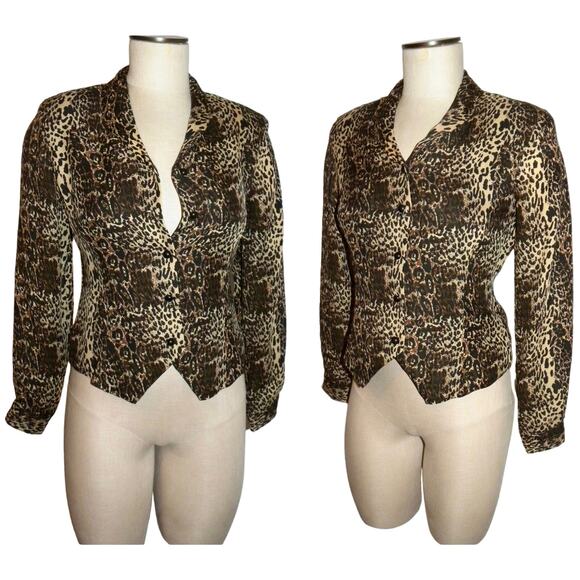 90s Leopard Print Silk Jacket | Vintage Fitted Crop Blazer | X-Small PETITE - Picture 1 of 10